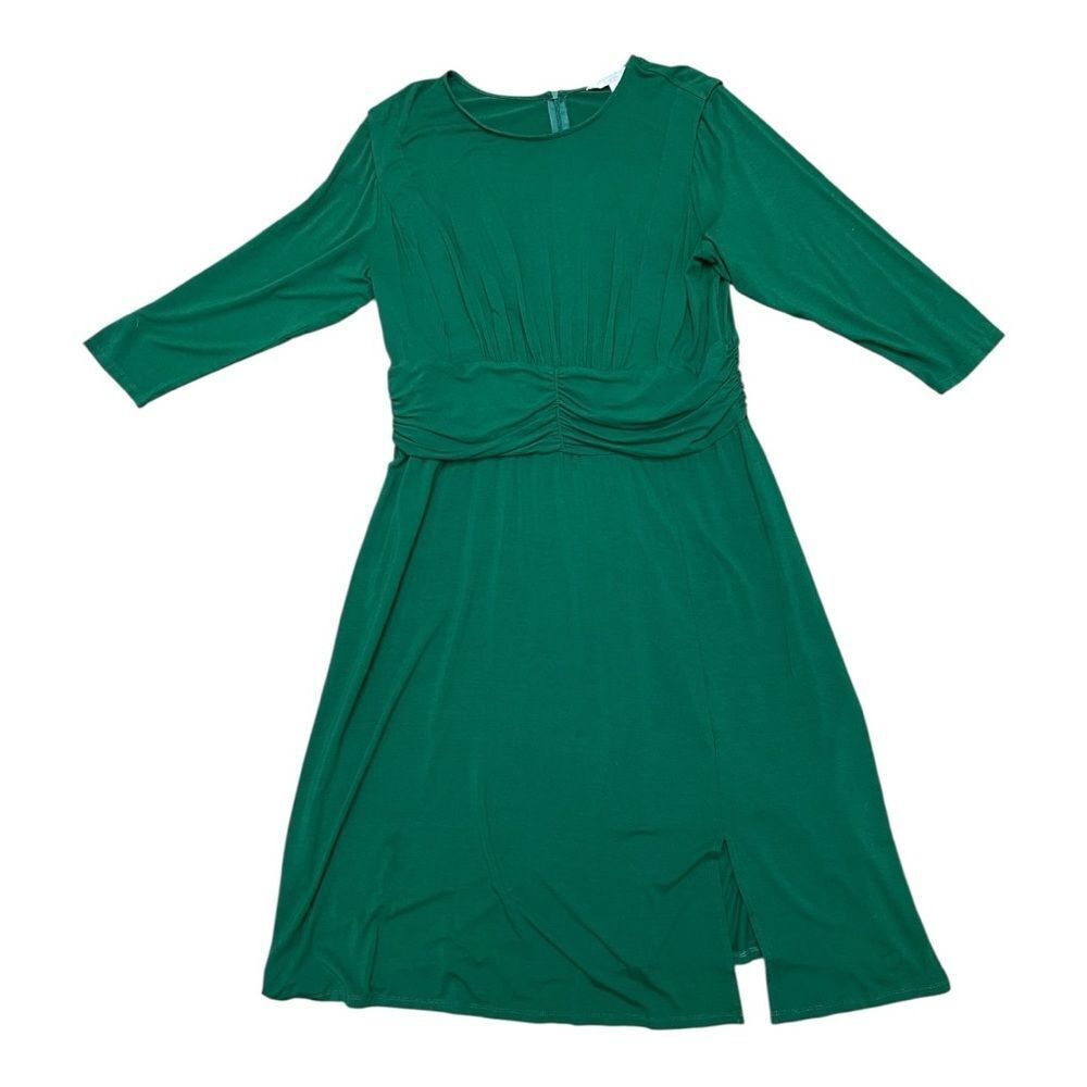London Times Elegant Green Midi Dress Size 18 W Stretch 3/4 Sleeves Ruched Waist